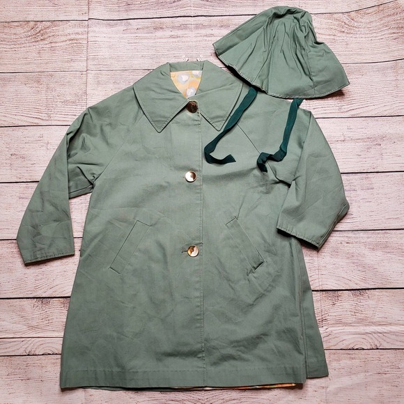 GIRLS Vintage Army Green Button Down Jacket Coat with Bucket Hat